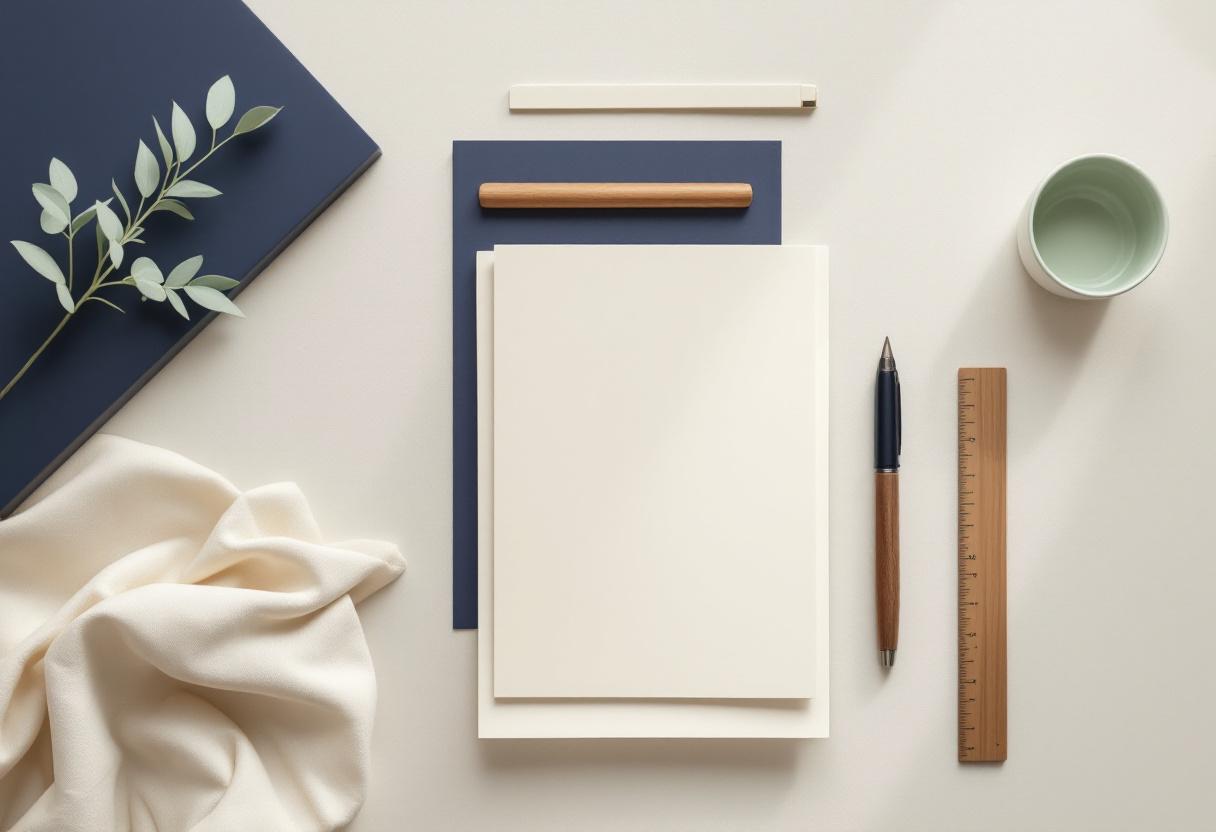 Översikt ovanifrån: stack av blanka papper, reservoarpenna, träpinne och keramikskål på linne