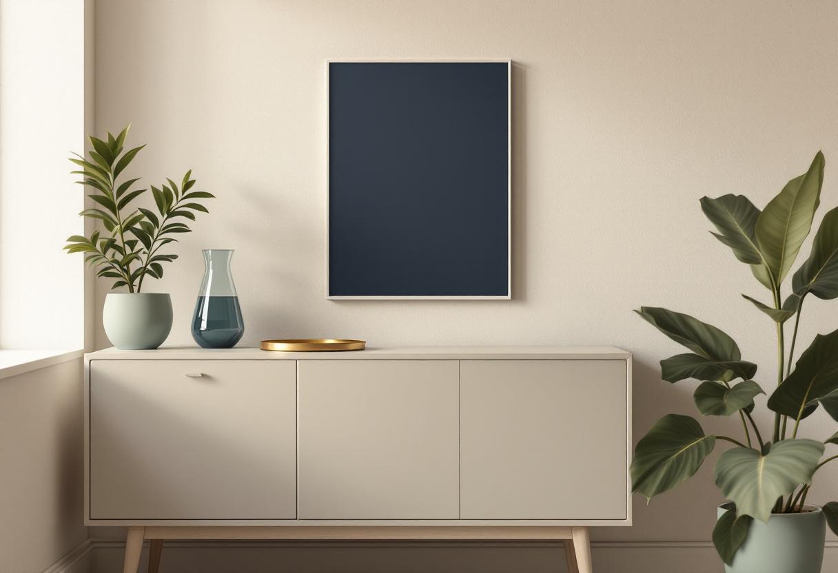 Stillsam arkitektonisk vy: trä­sideboard med glaskaraff, mässingsbricka och salviaväxt