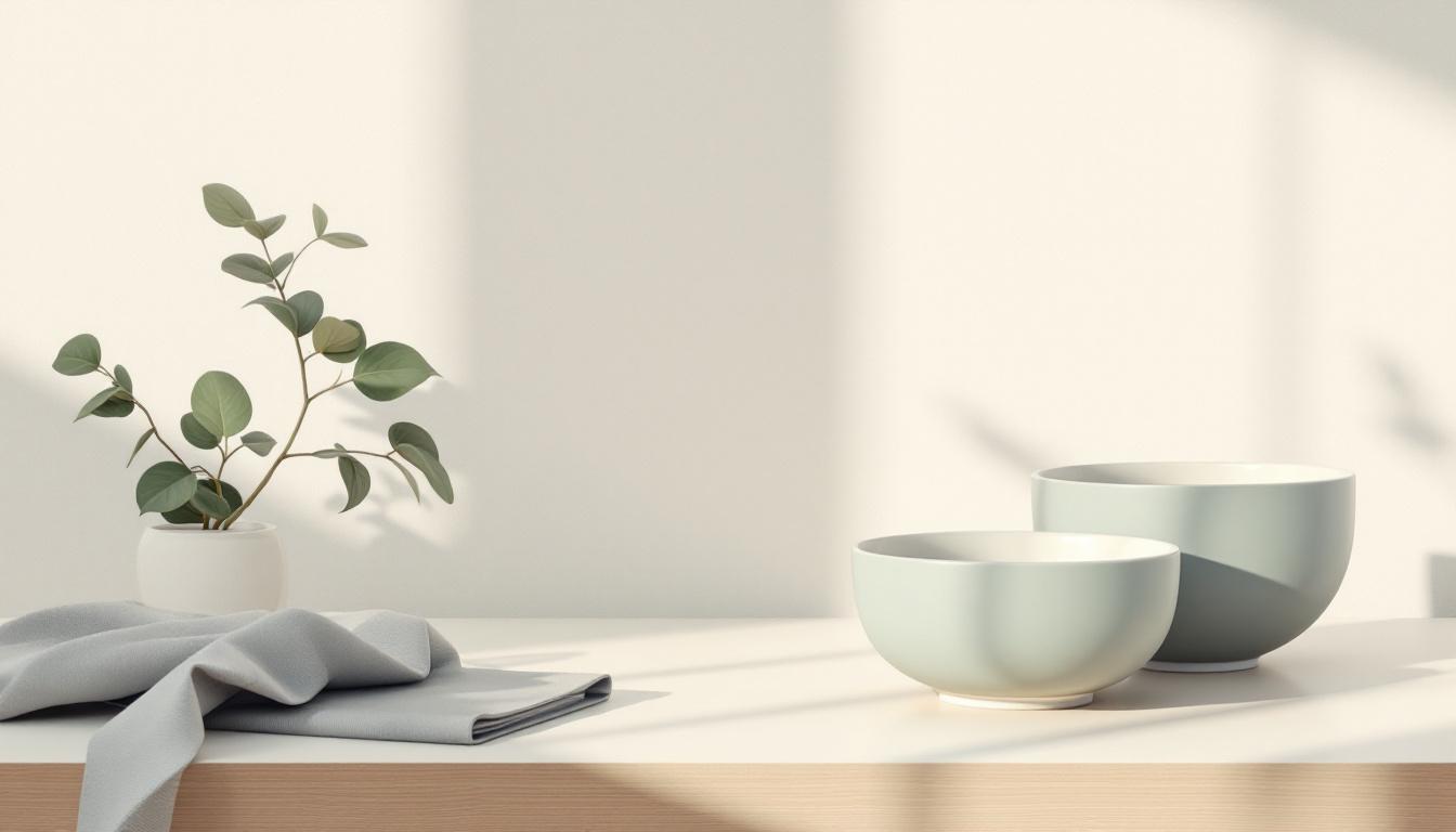 Två ceramicskålar i olika storlek bredvid en sageväxt på ljust skrivbord