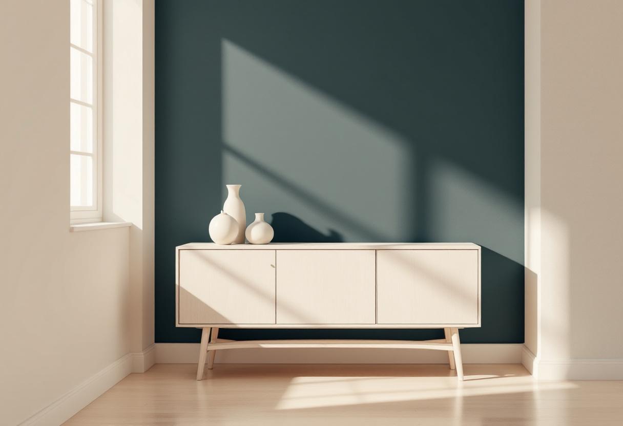 Stilren inredning: salviavaser i olika höjd på ljus trähylla mot djup marinblå vägg