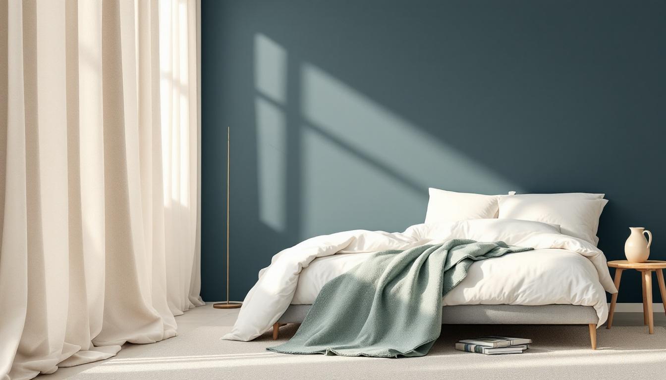 Lugnt skandinaviskt hotellrumshörn med uppbäddad säng, keramikkanna och salviaväxt i mjukt morgonljus