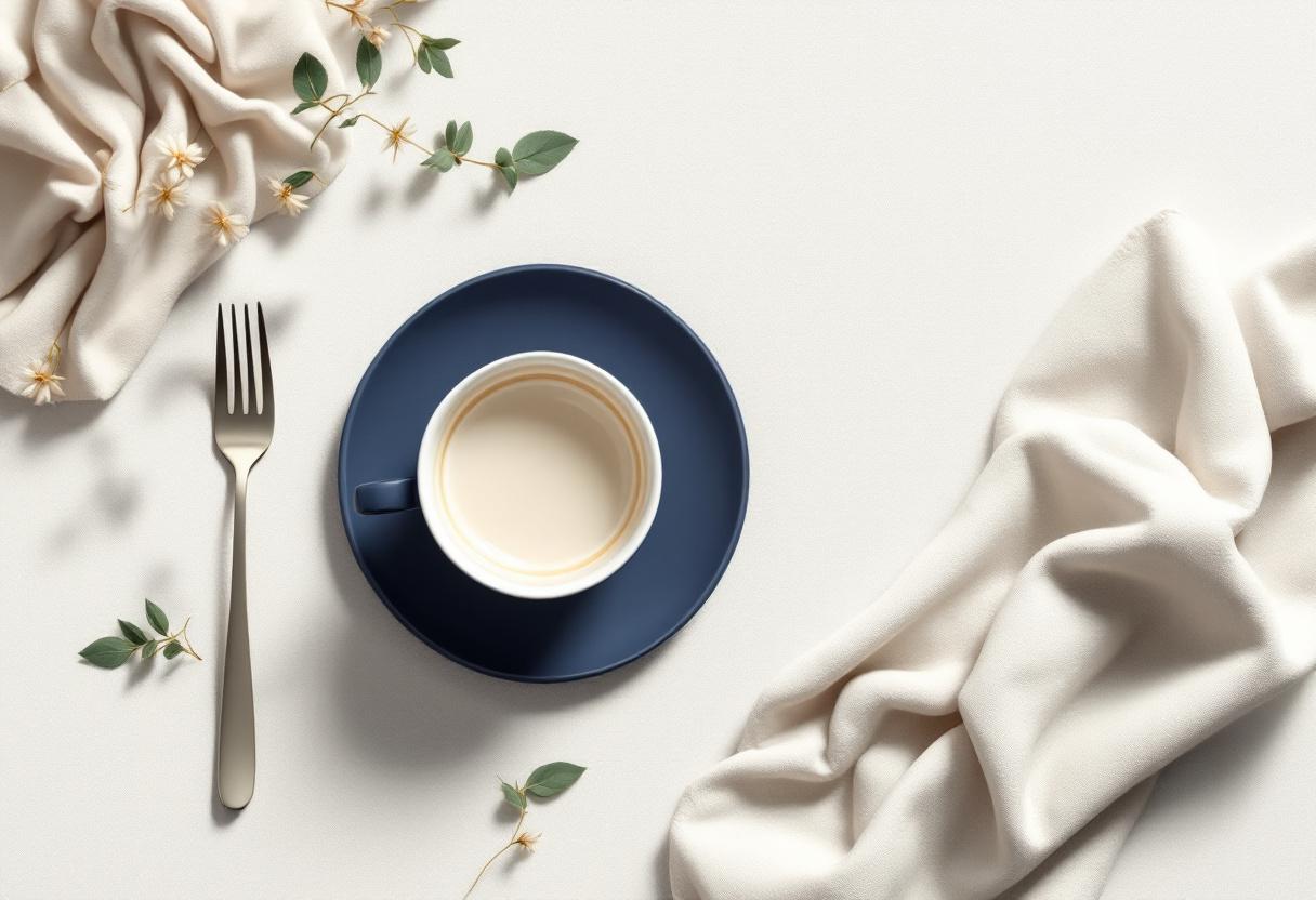 Översikt ovanifrån: keramikkopp, tom tallrik, linneservett och salviakvist på linne