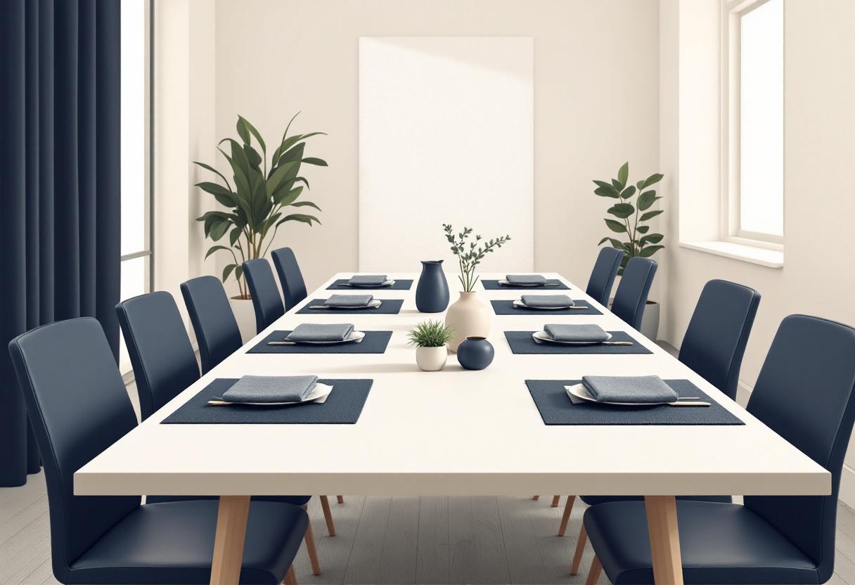 Stillsam konferensmiljö: långt trä­bord med linneservetter, glas­karaffer och salviaplantor