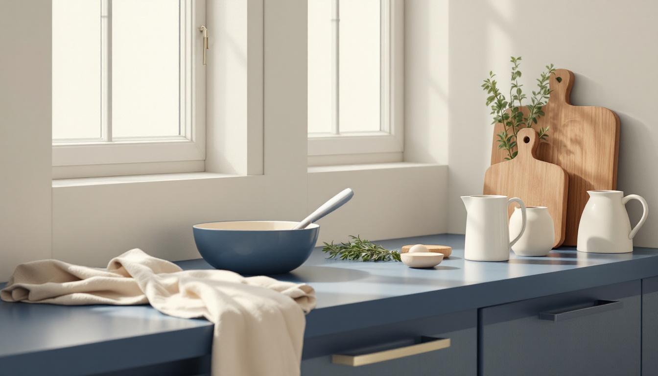 Skandinavisk köksbänk med keramikskål, linneduk och örter i mjukt morgonljus