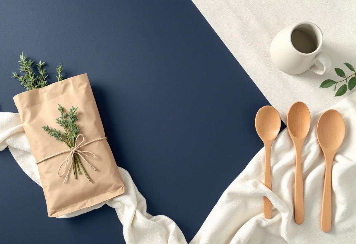 Platt översiktsbild: papperspåse från matbutik, örter i knippe, keramikkanna och träsked på linne