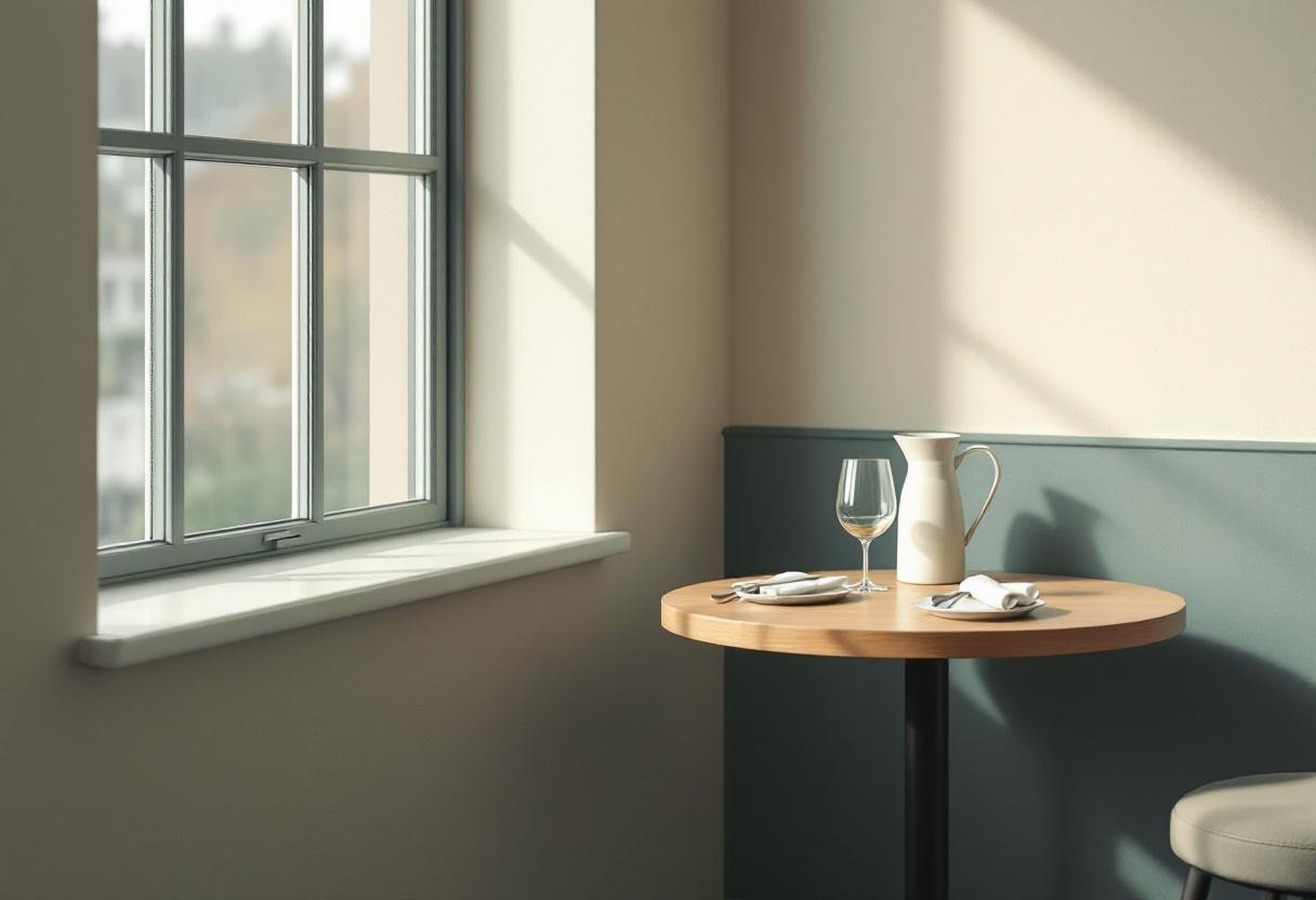 Lugn restaurangvrå: ett litet runt träbord med linneservett och ceramicstallrik i mjukt ljus