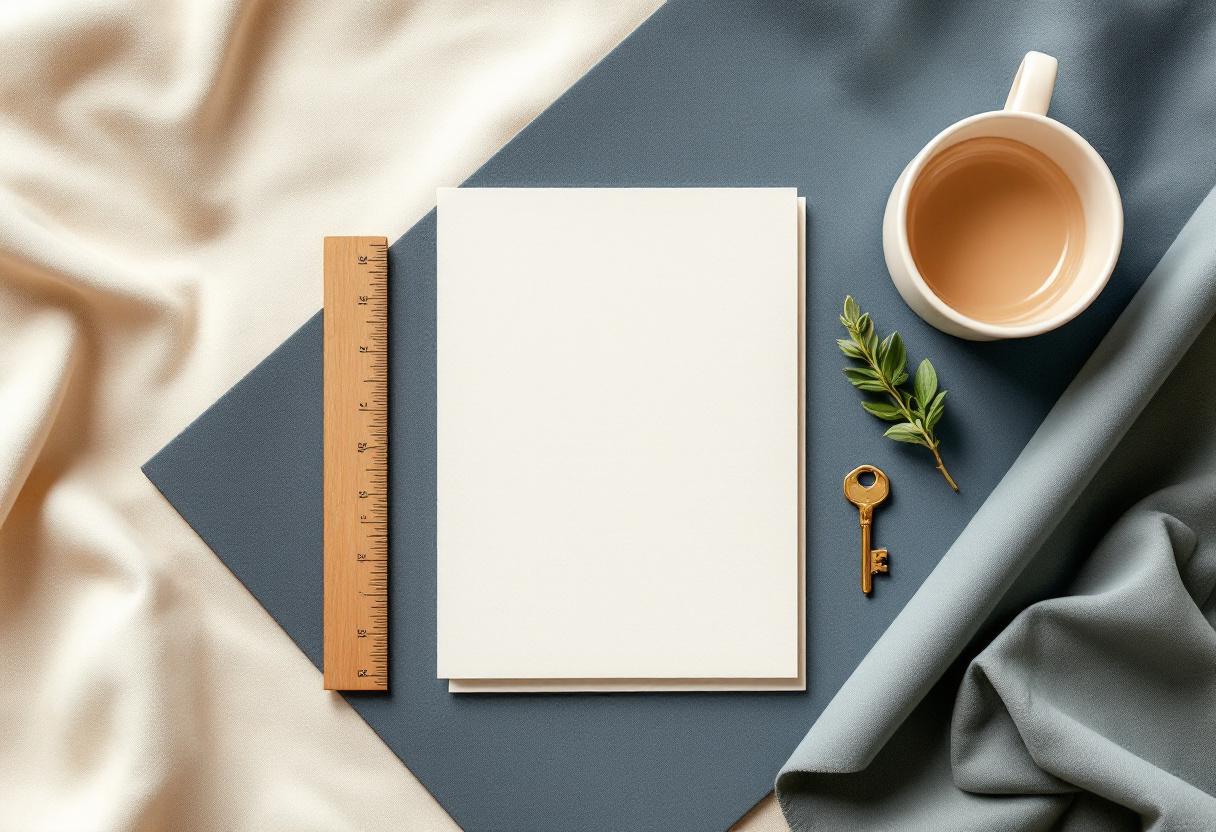 Platt översikt: mässingsnyckel, vikt papperskort, träpinne och salviakvist på linne