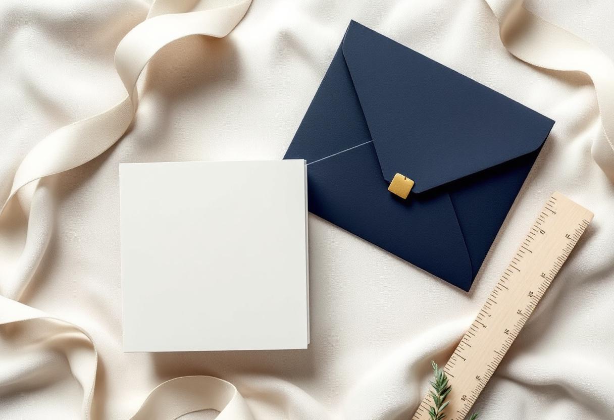 Platt översikt: papperskuvert, mässingsbricka på linneband, träpinne och salvia på linnetextur