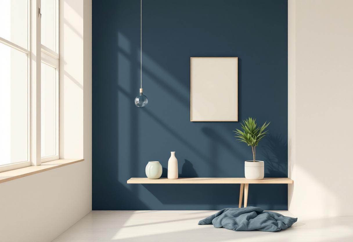 Lugn arkitekturell scen: trähylla med keramikkanna, glasflaska och salviaplanta i dämpat ljus