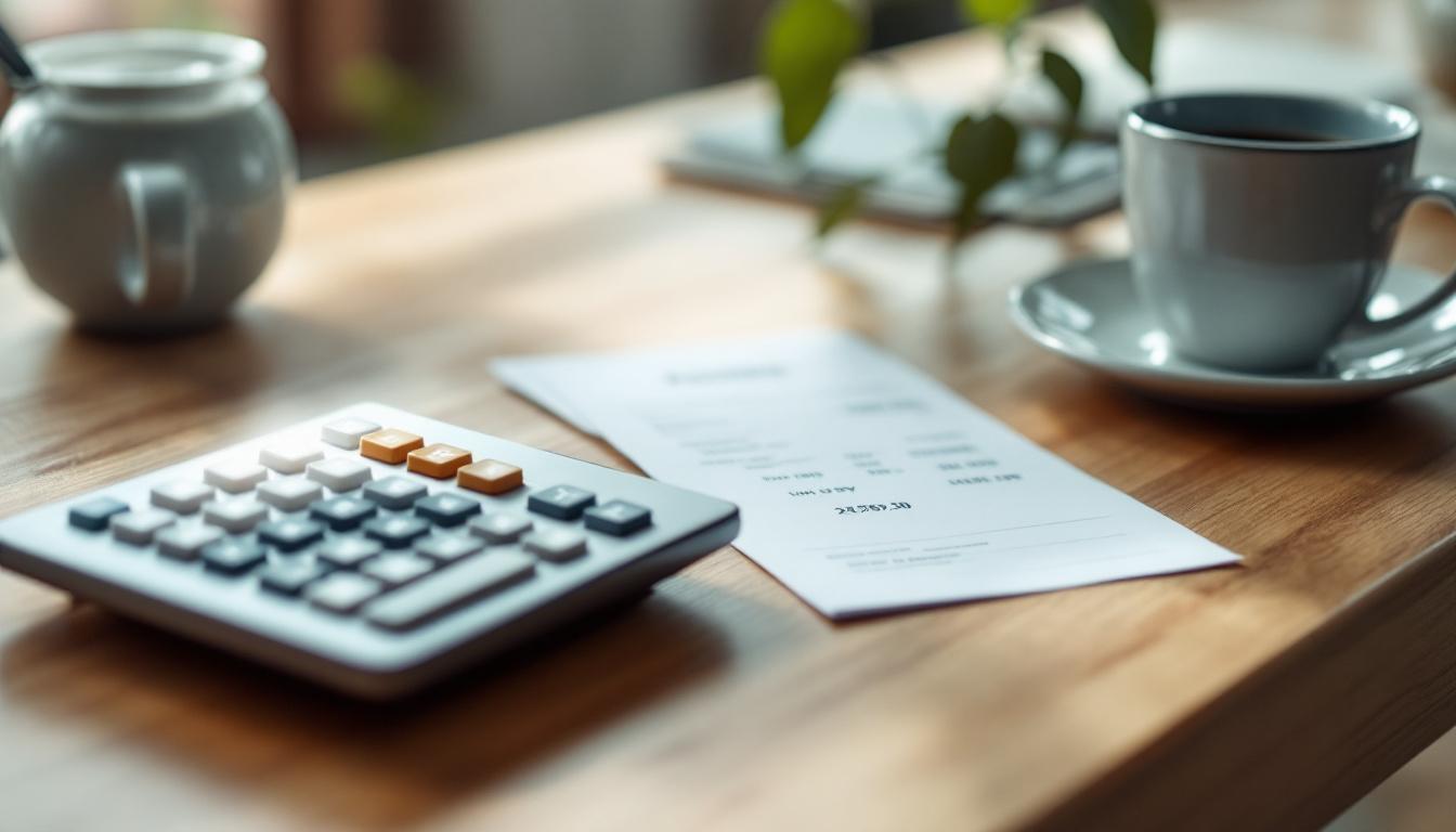 Skrivbord med miniräknare, papperskvitton och kaffekopp i mjukt morgonljus