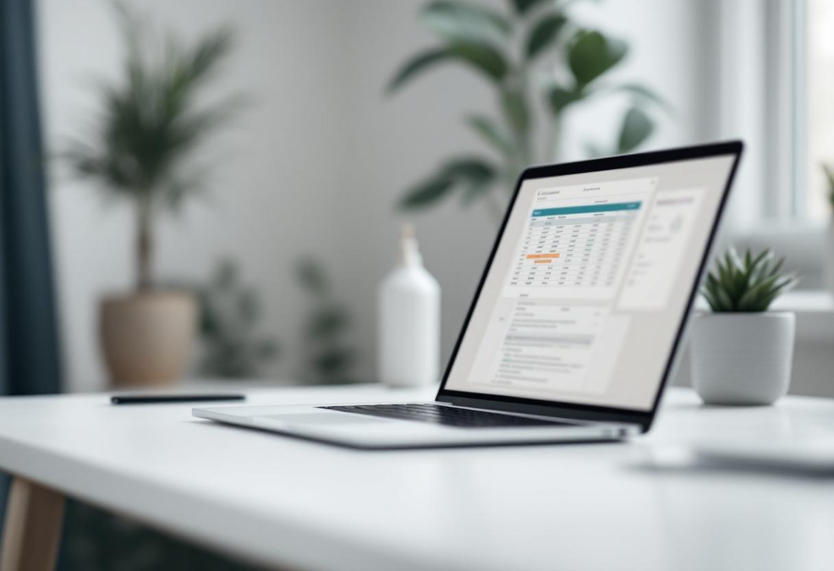 Laptop med suddig kalkylark på skärmen och en liten krukväxt i bakgrunden